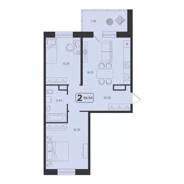 2-к кв. Тюменская область, Тюмень Горизонт жилой комплекс (62.54 м) - Фото 1