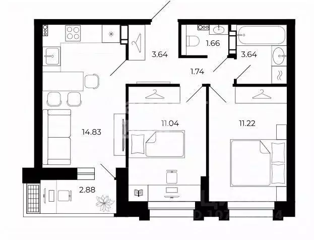 2-к кв. Липецкая область, Липецк ул. Е.И. Замятина, 1 (50.65 м) - Фото 2