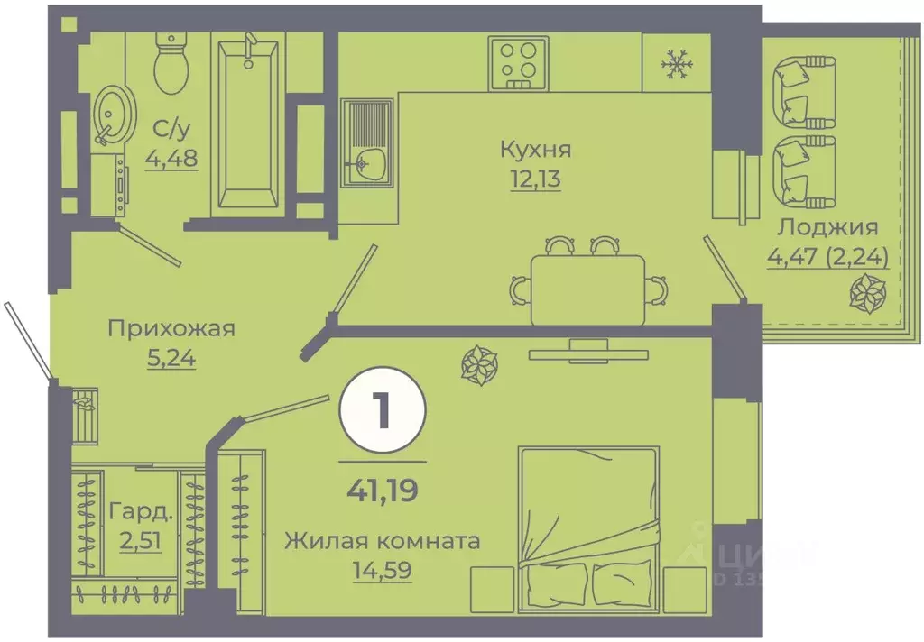 1-к кв. Ростовская область, Ростов-на-Дону ул. Еременко, 115 (41.19 м) - Фото 1