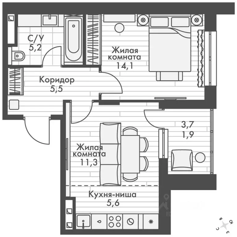 2-к кв. Татарстан, Зеленодольский район, Октябрьское с/пос, пос. ... - Фото 1