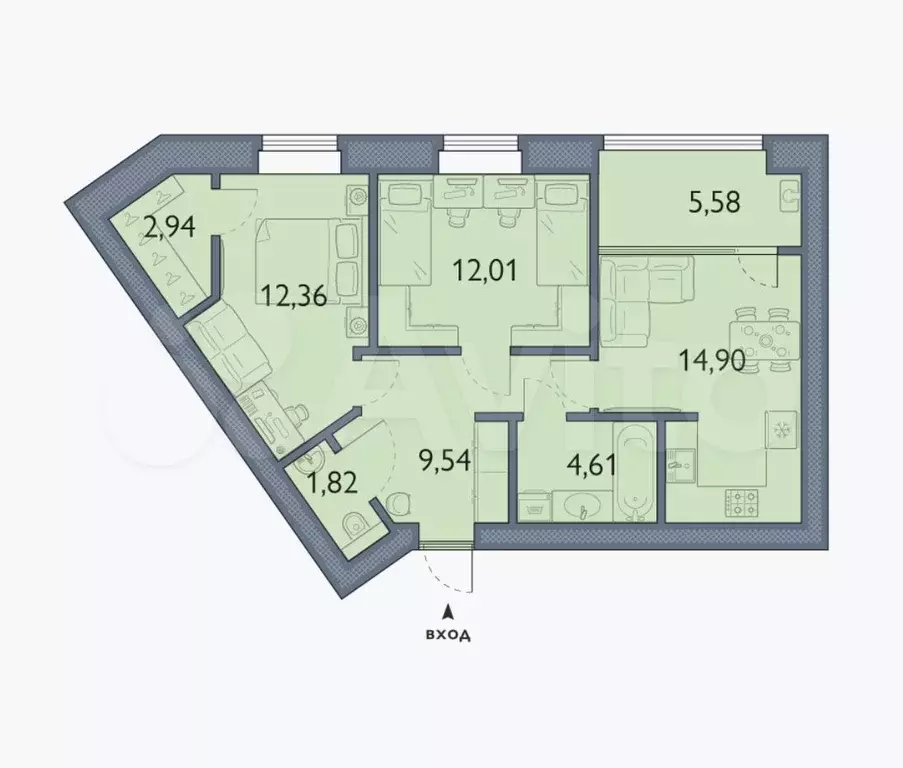 2-к. квартира, 63,8 м, 3/6 эт. - Фото 1