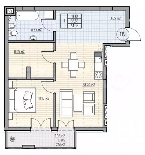 1-к. квартира, 61м, 7/7эт. - Фото 0