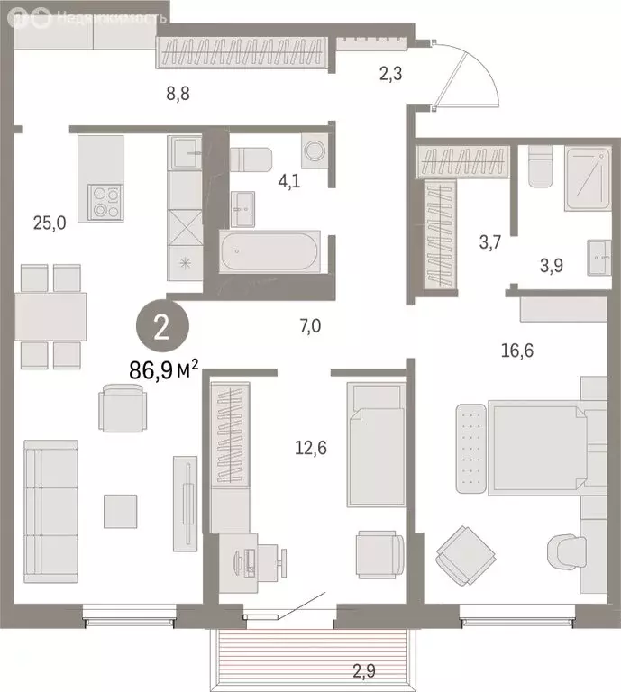 2-комнатная квартира: Курган, жилой район Центральный, ЖК Дом Кино ... - Фото 1