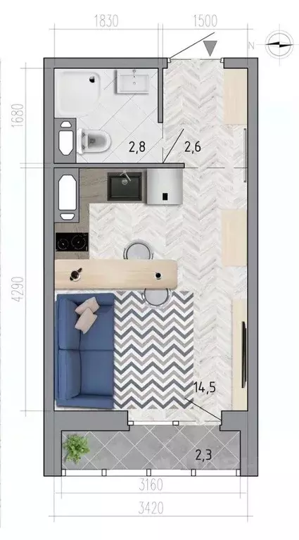 Студия Воронежская область, Воронеж ул. Федора Тютчева, 105 (21.1 м) - Фото 1