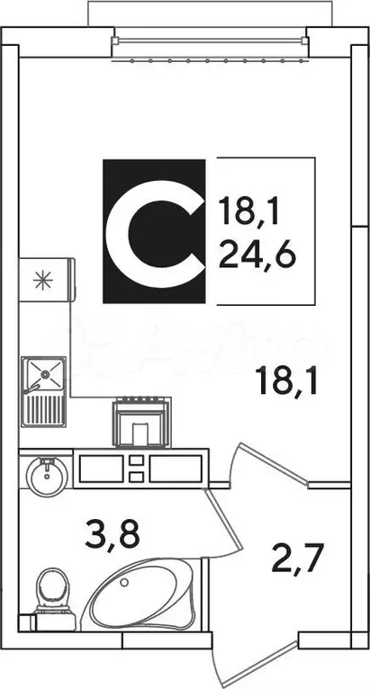 Квартира-студия, 24,6 м, 11/16 эт. - Фото 0