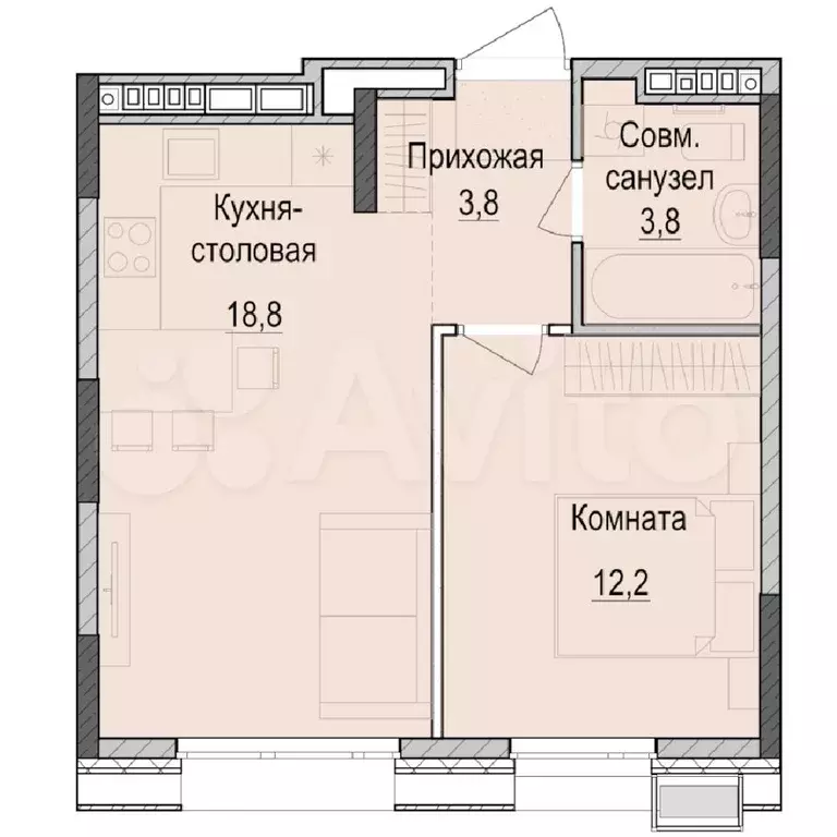 1-к. квартира, 38,4 м, 8/18 эт. - Фото 0