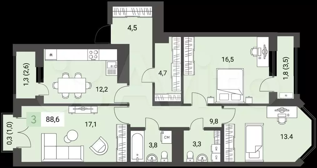 3-к. квартира, 92,4 м, 3/9 эт. - Фото 0