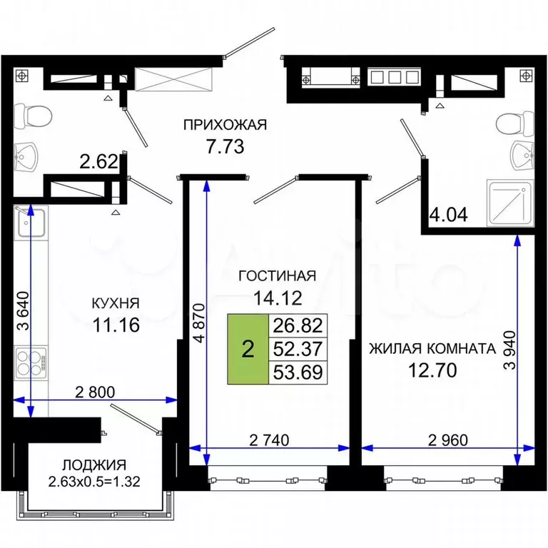 2-к. квартира, 53,7 м, 14/25 эт. - Фото 1