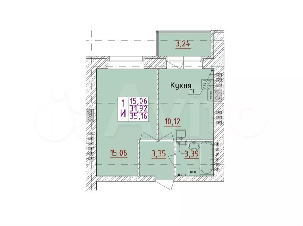 1-к. квартира, 35,2 м, 6/6 эт. - Фото 1