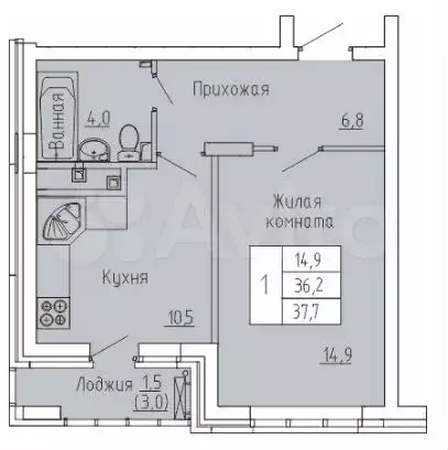 1-к. квартира, 37,7м, 10/12эт. - Фото 0