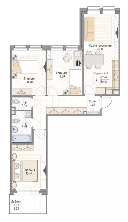 3-к кв. Санкт-Петербург ул. Малая Зеленина, 4 (79.7 м) - Фото 2
