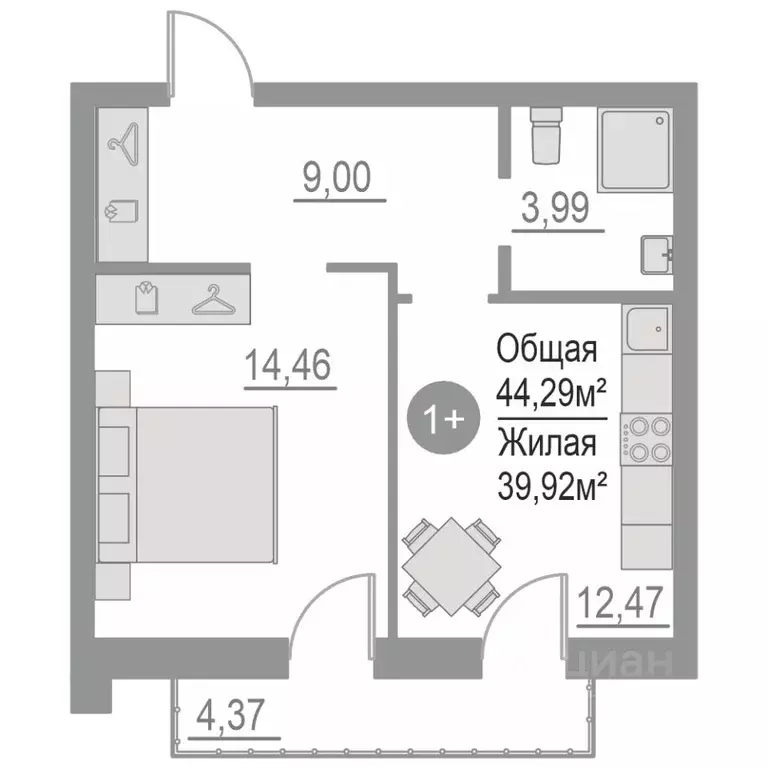 1-к кв. Тюменская область, Тюменский район, с. Кулаково  (44.29 м) - Фото 0