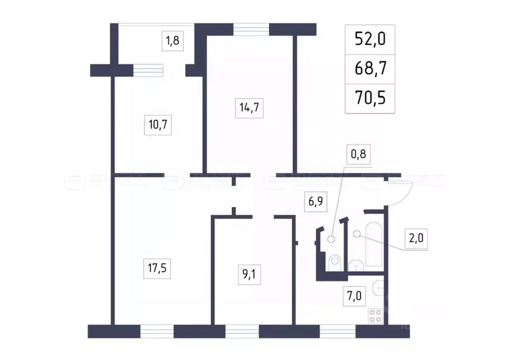 4-к кв. Татарстан, Казань ул. Карбышева, 29 (68.7 м) - Фото 2