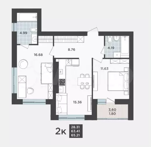 2-к. квартира, 63,4 м, 5/9 эт. - Фото 1