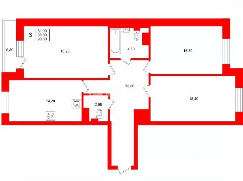 3-к кв. Ленинградская область, Гатчина ул. Хохлова, 20 (90.8 м) - Фото 2