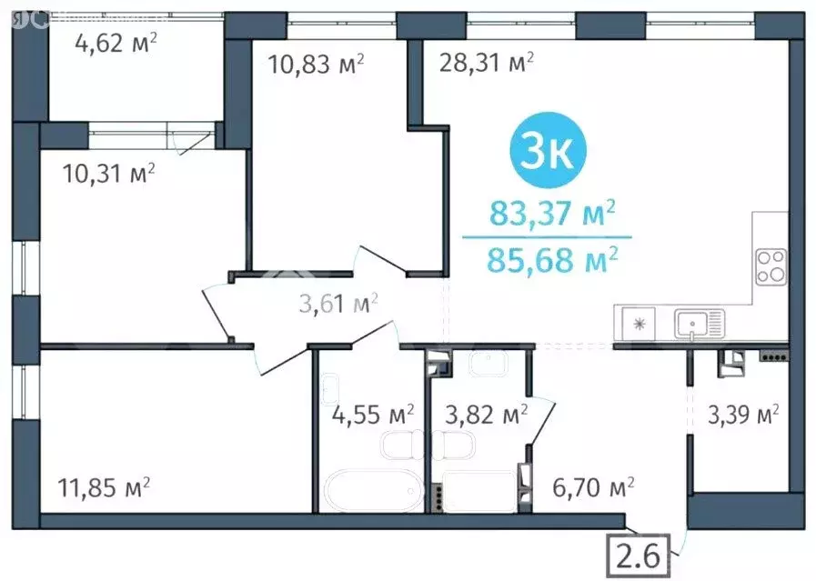 3-комнатная квартира: Тюмень, Краснооктябрьская улица, 6 (85.6 м) - Фото 0