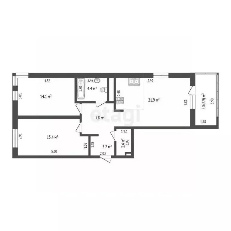 2-к кв. Тюменская область, Тюмень ул. Пожарных и Спасателей, 5к1 (69.2 ... - Фото 1