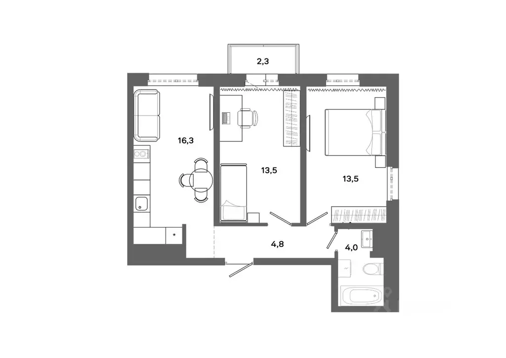 2-к кв. Ханты-Мансийский АО, Сургут 30А мкр,  (52.79 м) - Фото 0