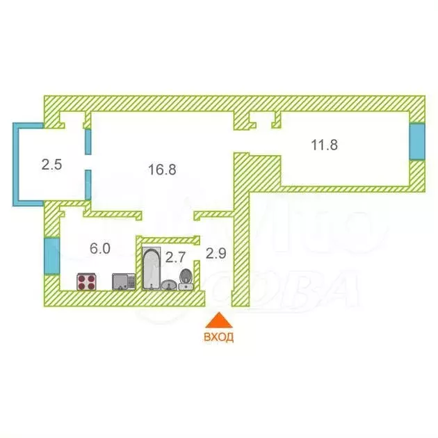 2-к. квартира, 43,5 м, 2/4 эт. - Фото 0