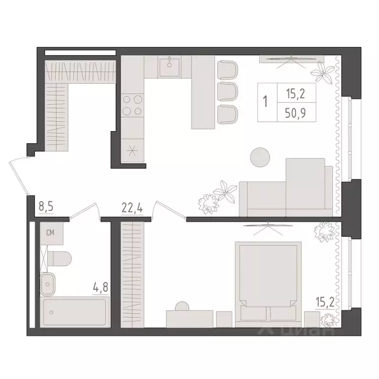 1-к кв. Башкортостан, Уфа 563-й кв-л,  (50.9 м) - Фото 1