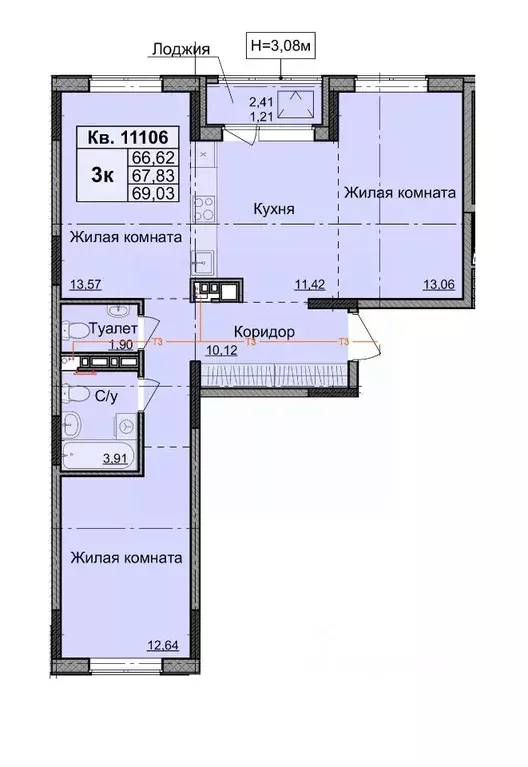 3-к кв. Удмуртия, Ижевск ул. Е.М. Кунгурцева, 45 (69.03 м) - Фото 0