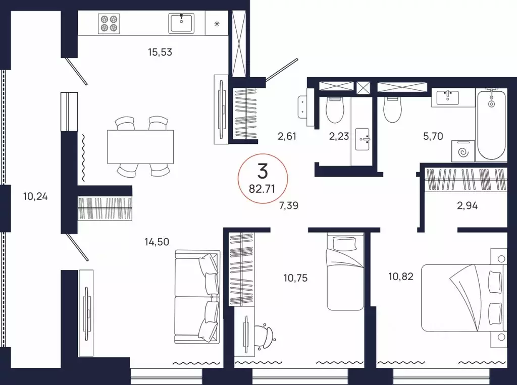 3-к кв. Тюменская область, Тюмень ул. Владислава Крапивина, 9 (82.71 ... - Фото 1