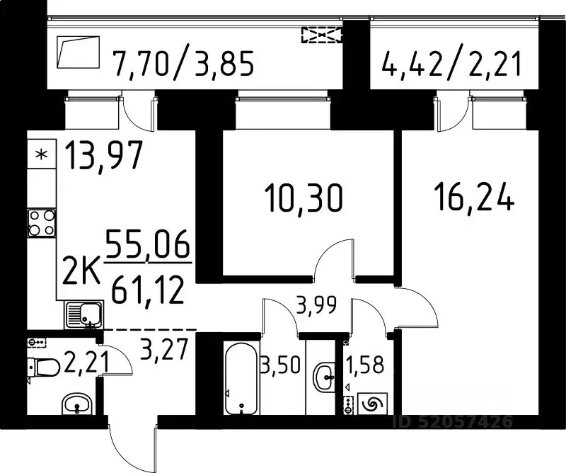 2-к кв. Томская область, Томск ул. Вершинина, 58к2 (61.12 м) - Фото 1