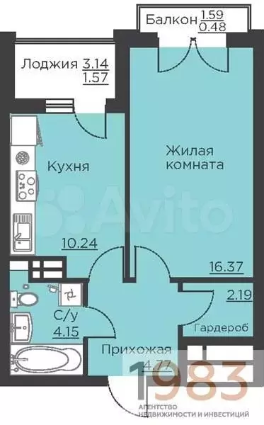 1-к. квартира, 39,8 м, 8/18 эт. - Фото 0