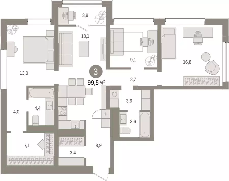 3-комнатная квартира: Тюмень, Мысовская улица, 26к1 (99.47 м) - Фото 1