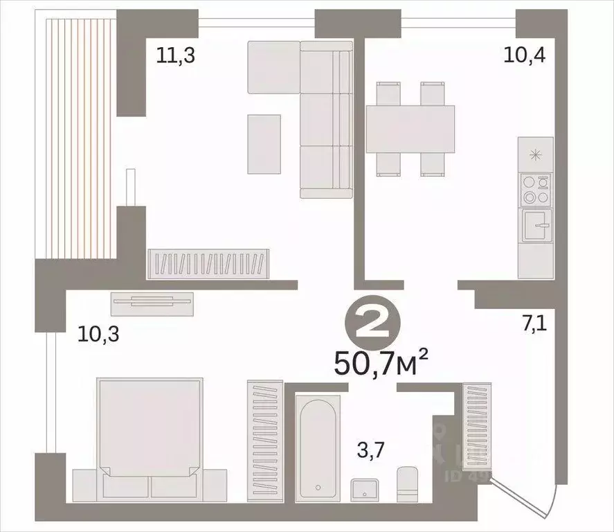 Квартира, 2 комнаты, 50.7 м - Фото 0