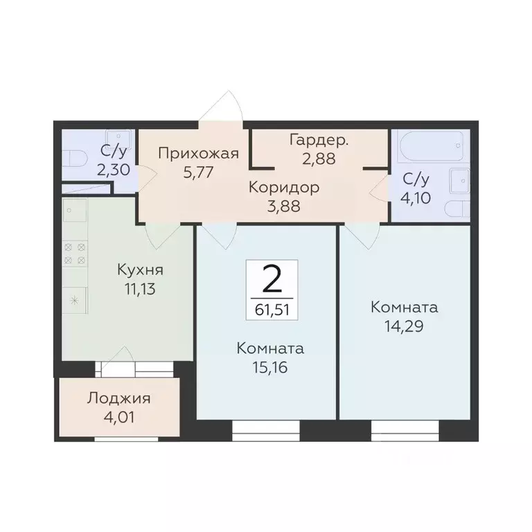 2-к кв. Воронежская область, Воронеж ул. Матросова, 60 (61.51 м) - Фото 1