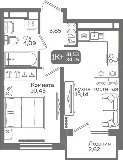 1-к кв. Тюменская область, Тюмень ул. Заполярная, 9/2 (31.53 м) - Фото 0