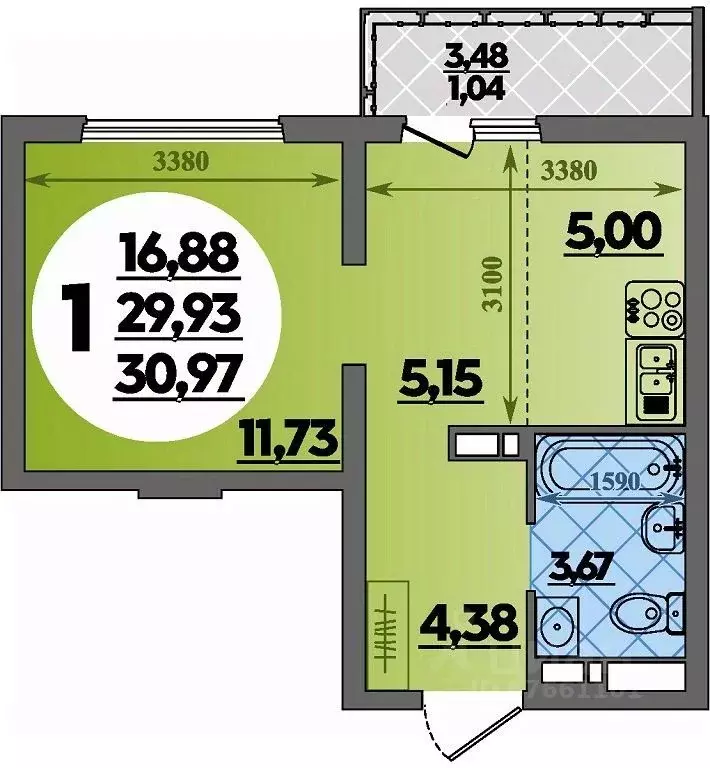 Студия Адыгея, Майкоп  (30.97 м) - Фото 1