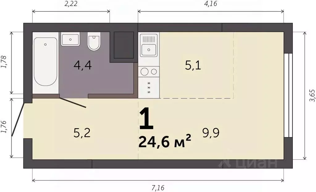 Студия Свердловская область, Екатеринбург Южный жилрайон,  (24.6 м) - Фото 0