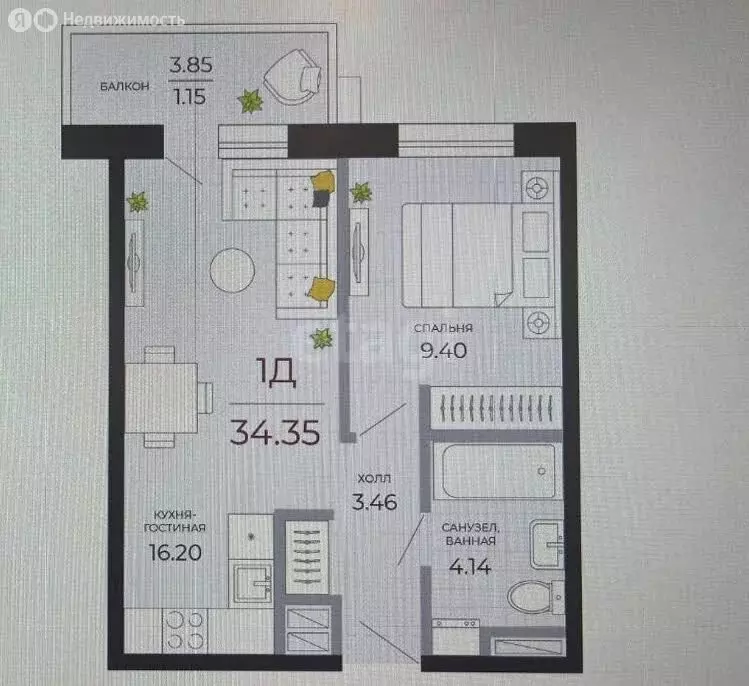 1-комнатная квартира: Казань, Стадионная улица, 1 (33 м) - Фото 1