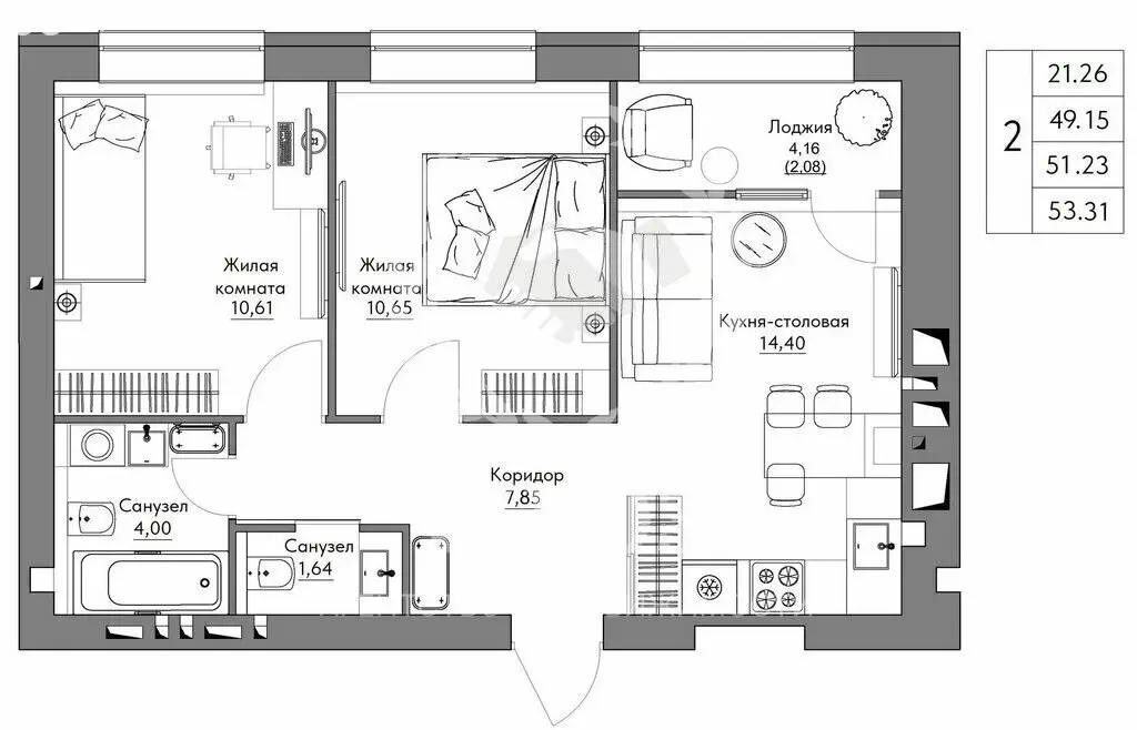 2-комнатная квартира: Калуга, Счастливая улица, 11Б (53.31 м) - Фото 1