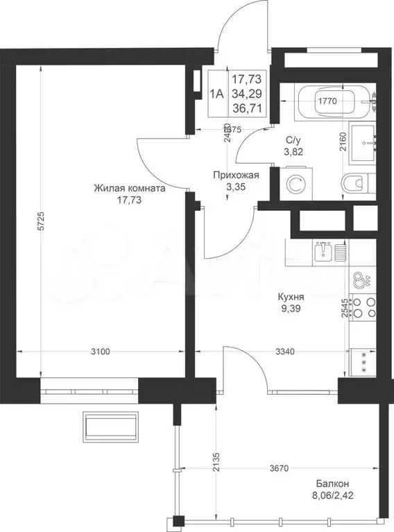 1-к. квартира, 36,7 м, 4/4 эт. - Фото 1