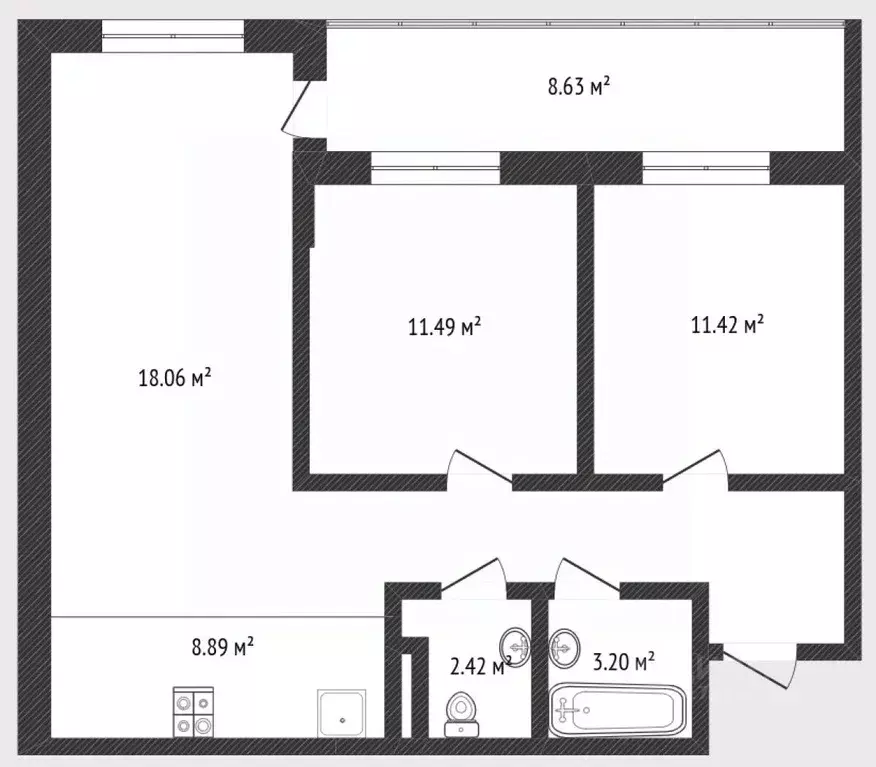 3-к кв. Тюменская область, Тюмень ул. Газовиков, 73 (63.9 м) - Фото 2