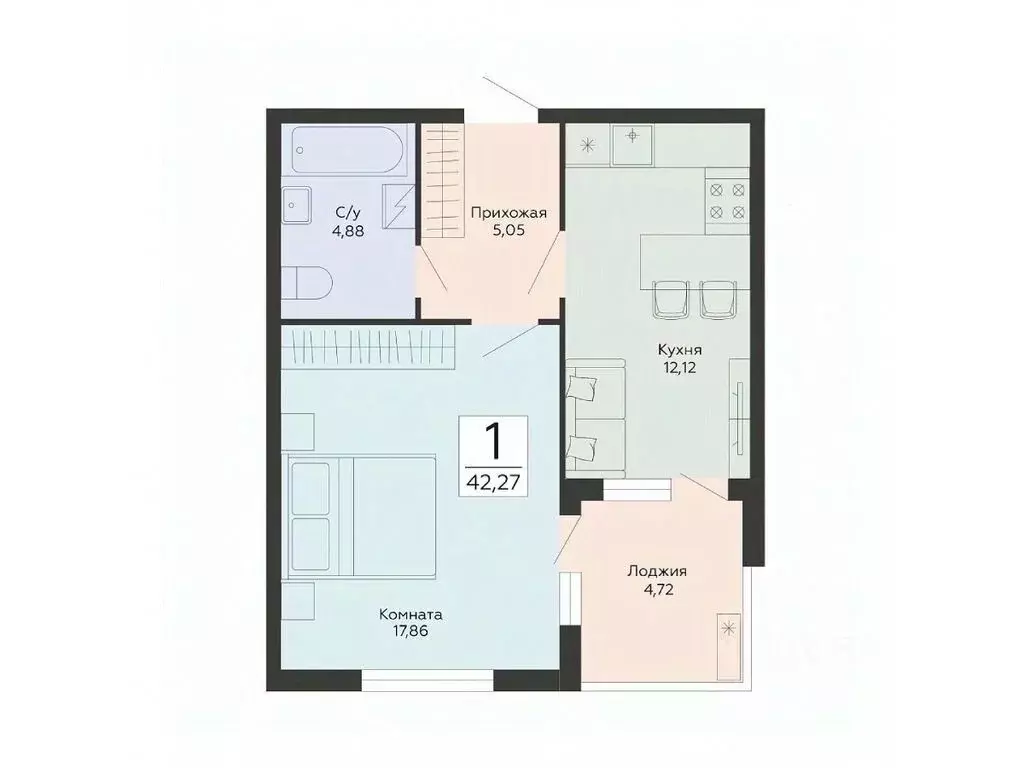 1-к кв. Воронежская область, Воронеж ул. Туполева, 5Н (42.27 м) - Фото 1