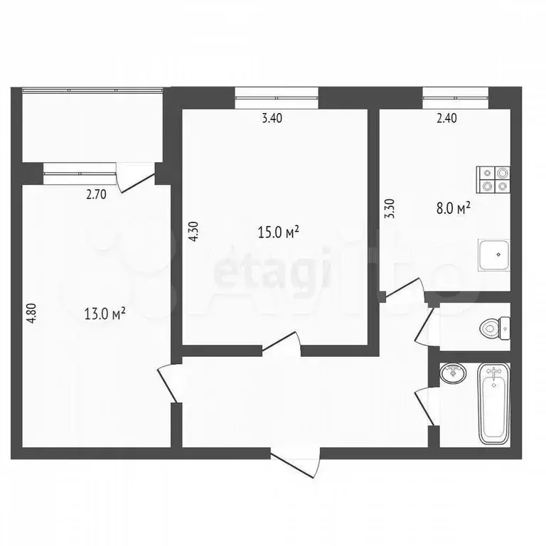 2-к. квартира, 45,4 м, 4/9 эт. - Фото 0