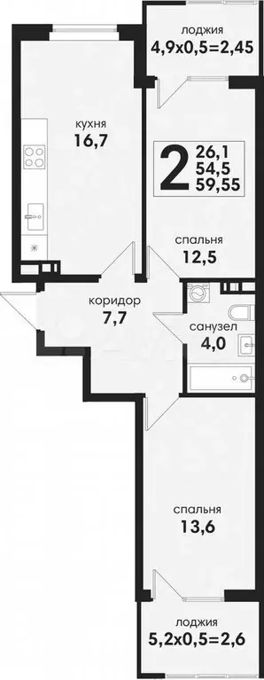 2-к. квартира, 59,6 м, 4/4 эт. - Фото 1