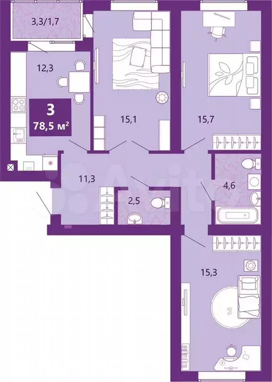 3-к. квартира, 78,5 м, 4/4 эт. - Фото 0