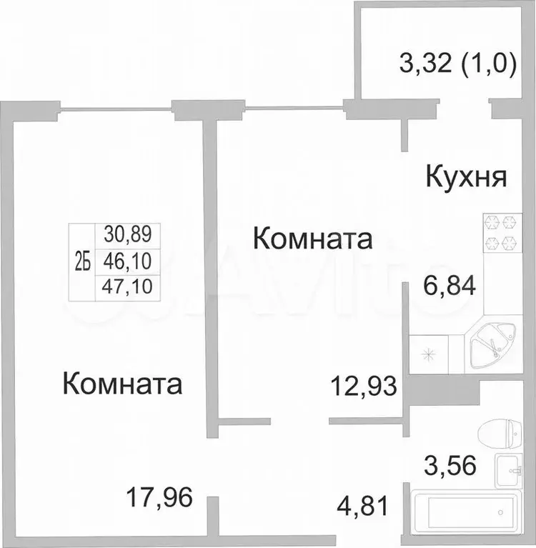 2-к. квартира, 47,1 м, 6/9 эт. - Фото 0