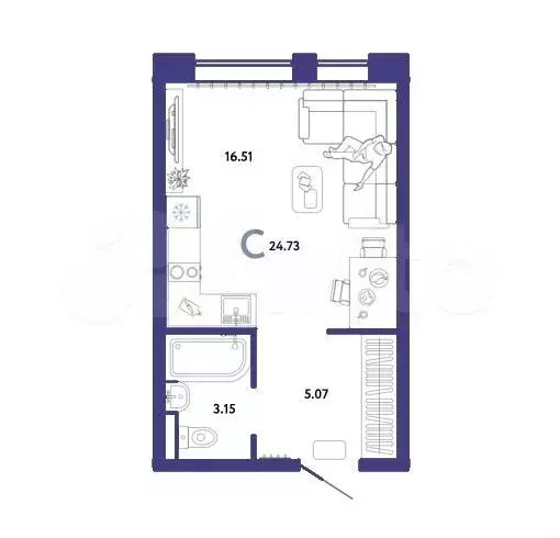 Квартира-студия, 24,7 м, 7/15 эт. - Фото 1