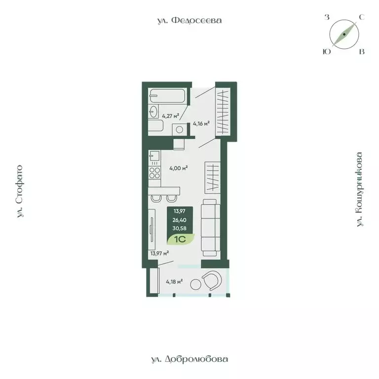 Квартира-студия: Новосибирск, улица Стофато, 26 (30.58 м) - Фото 1