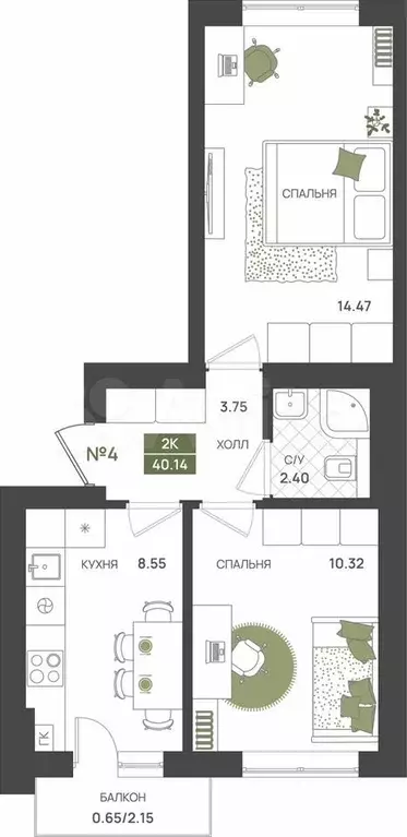 2-к. квартира, 40,1 м, 1/5 эт. - Фото 0