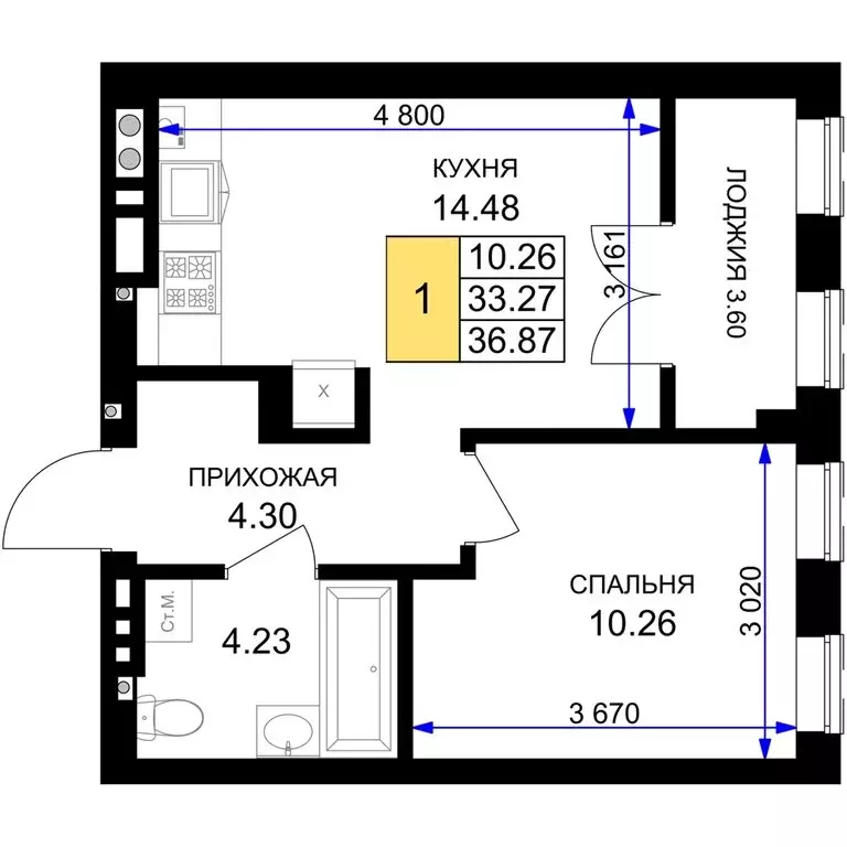 1-комнатная квартира: Гурьевск, жилой комплекс Включи (36.87 м) - Фото 0