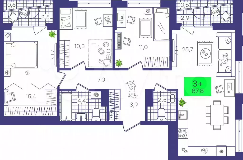 3-к. квартира, 87,8 м, 8/16 эт. - Фото 1