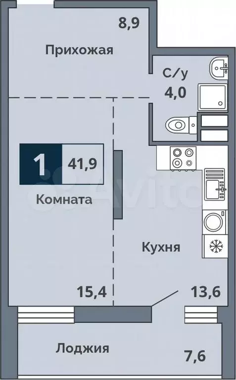 1-к. квартира, 41,9м, 3/15эт. - Фото 0