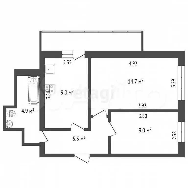 2-к. квартира, 43,1 м, 1/2 эт. - Фото 0